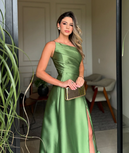Classy Prom Dresses Inspiration A line One Shoulder Green Satin Long Semi Formal Dance Grad Prom Dresses For Teens AB2071