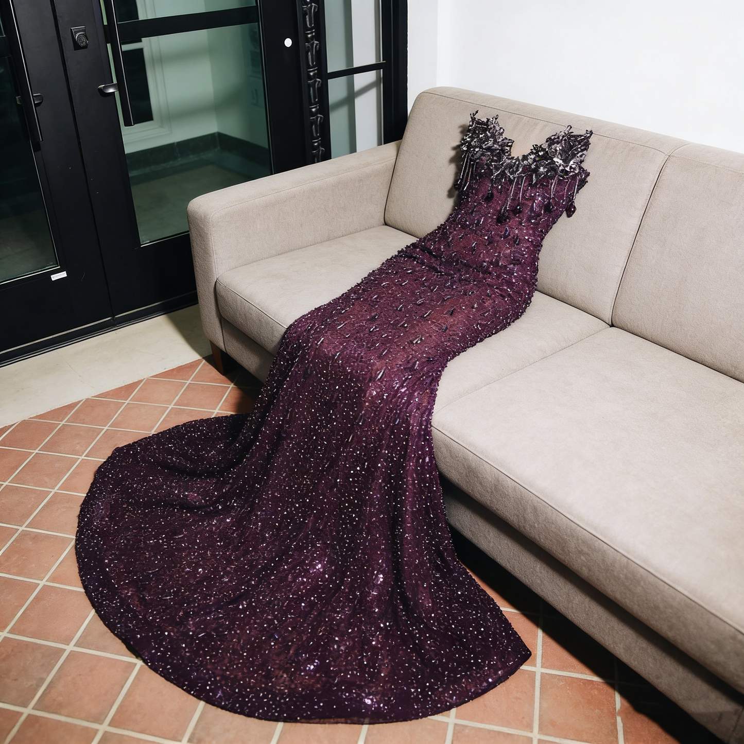Sexy Meerjungfrauen-Abendkleid mit Herzausschnitt, Pailletten, Perlen und Strasssteinen, langes Abendkleid AB2103