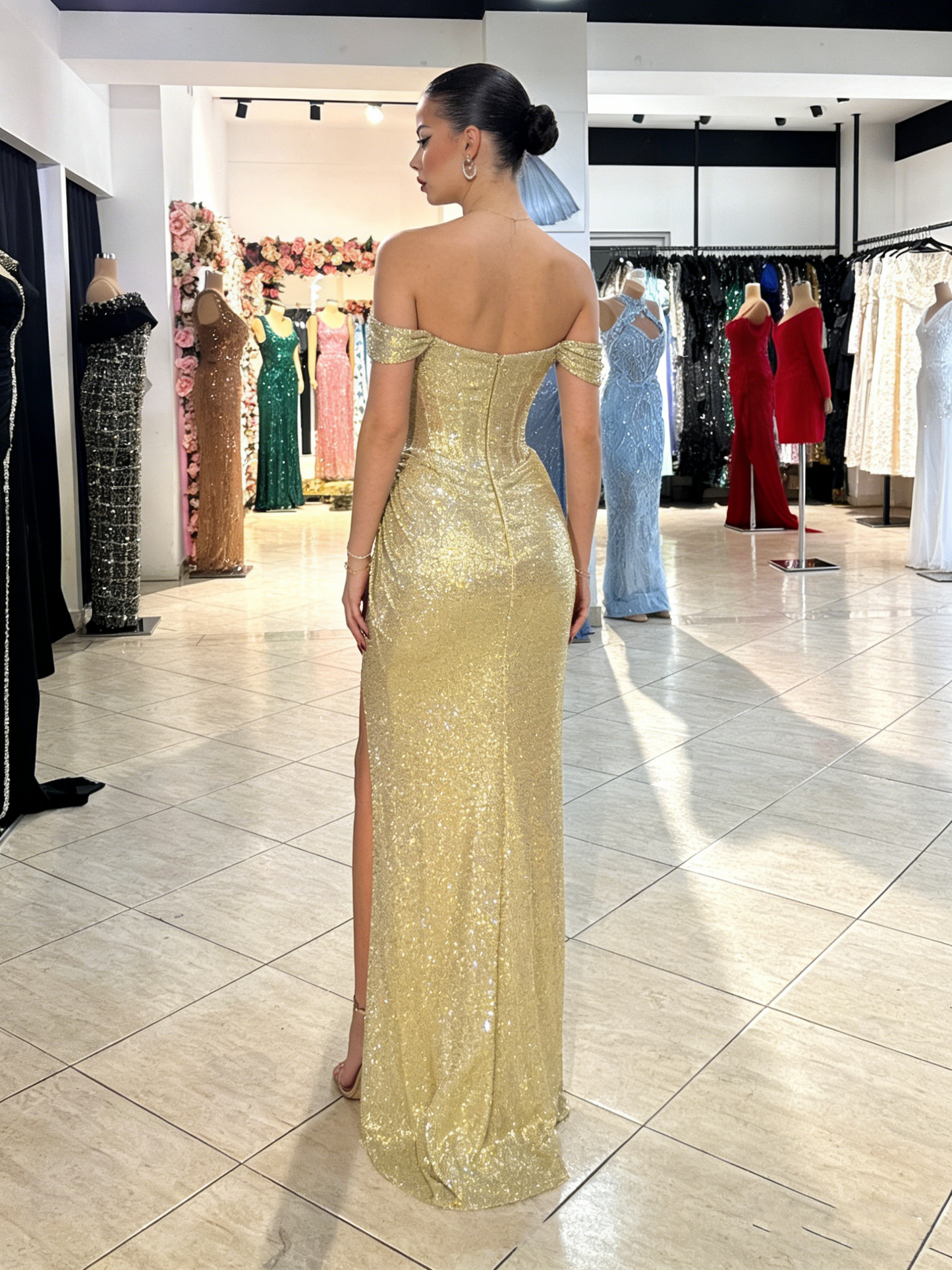 Robe de bal de fin d'année modeste pour lycéennes, inspiration sirène, épaules dénudées, sequins dorés et fente, robe longue semi-formelle pour adolescentes AB2118