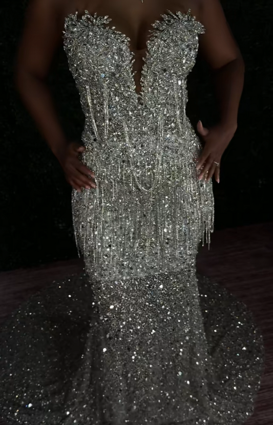 Elegantes Meerjungfrauen-Abendkleid mit herzförmigem Ausschnitt, silber-grauen Pailletten, langes Ballkleid, AB2167