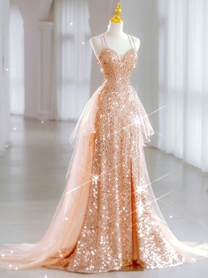 Robe de soirée sirène chic à fines bretelles et sequins lilas, longue et élégante, idéale pour les bals de fin d'année et les dîners. Parfaite pour les adolescentes (AB2172).