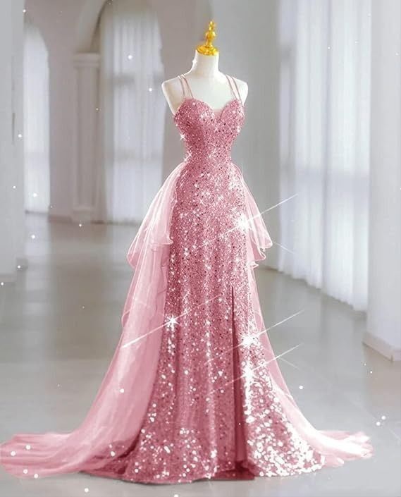 Robe de soirée sirène chic à fines bretelles et sequins lilas, longue et élégante, idéale pour les bals de fin d'année et les dîners. Parfaite pour les adolescentes (AB2172).