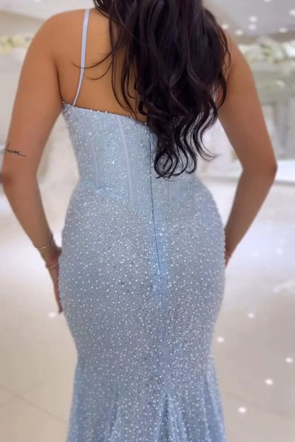 Robe de bal sexy années 50, sirène, bretelles spaghetti, sequins bleu ciel clair, robe de soirée longue AB2183