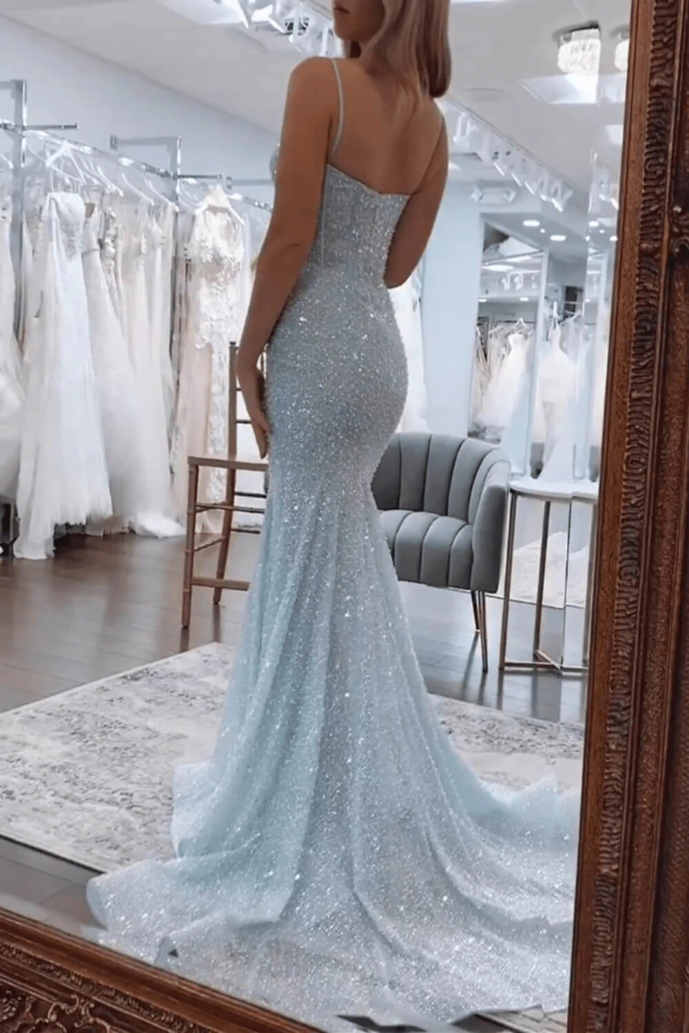 Robe de bal sexy années 50, sirène, bretelles spaghetti, sequins bleu ciel clair, robe de soirée longue AB2183