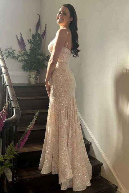 Robe de bal sexy années 50, sirène, bretelles spaghetti, sequins bleu ciel clair, robe de soirée longue AB2183