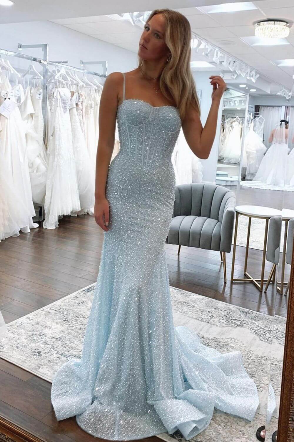 Robe de bal sexy années 50, sirène, bretelles spaghetti, sequins bleu ciel clair, robe de soirée longue AB2183
