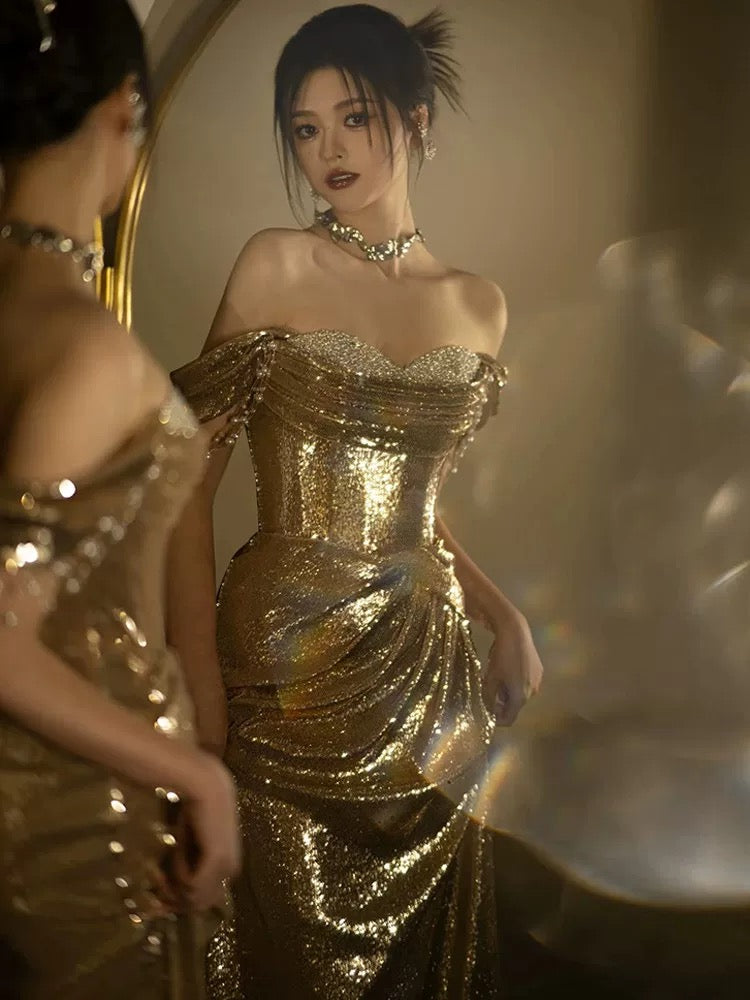 Mermaid Off The Shoulder Gold Sequin Short Sleeves Prom Dresses Inspiration Long Night Outfits Birthday Outfit AB2211
