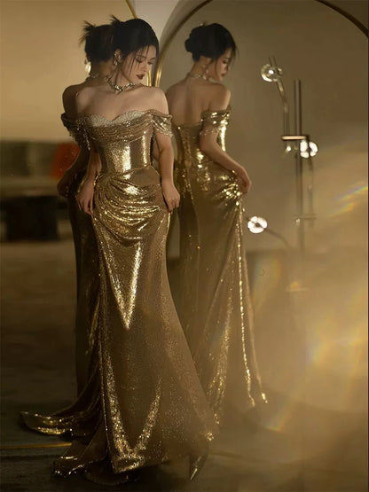 Mermaid Off The Shoulder Gold Sequin Short Sleeves Prom Dresses Inspiration Long Night Outfits Birthday Outfit AB2211