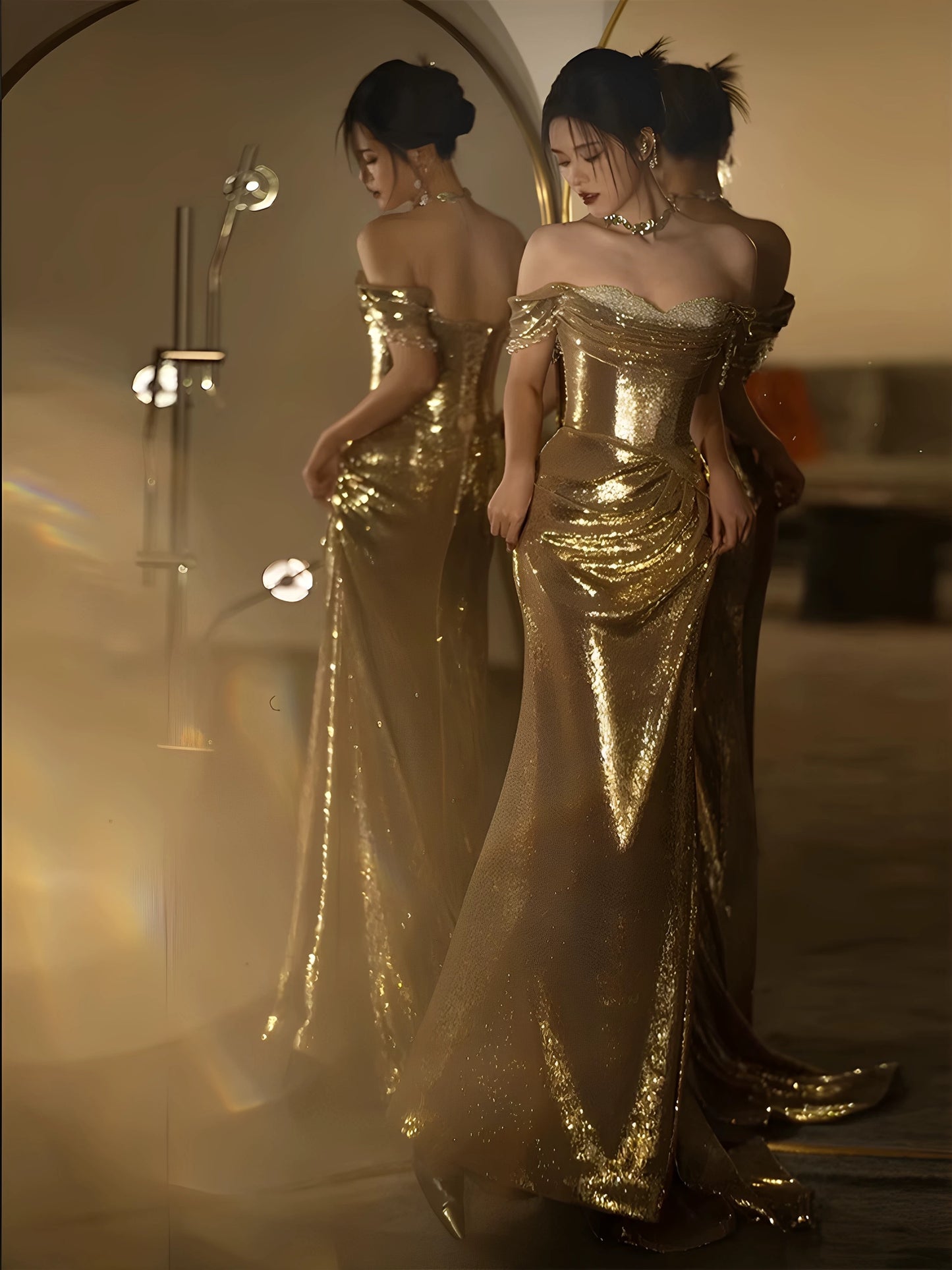 Mermaid Off The Shoulder Gold Sequin Short Sleeves Prom Dresses Inspiration Long Night Outfits Birthday Outfit AB2211