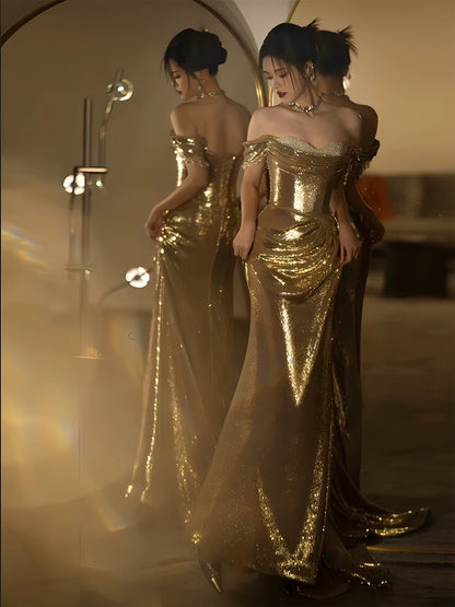 Mermaid Off The Shoulder Gold Sequin Short Sleeves Prom Dresses Inspiration Long Night Outfits Birthday Outfit AB2211