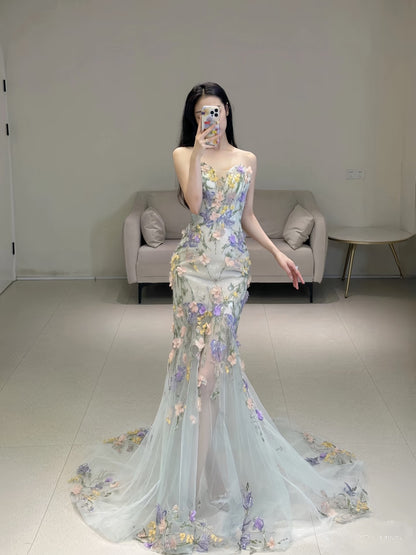 Prinzessin Meerjungfrauen-Abendkleid mit herzförmigem Ausschnitt, Spitze und Blumenmuster, langes Ballkleid, modische Ästhetik für Teenager, formelle Kleider, Party-Outfits, Ballkleid AB2221