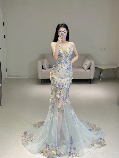 Prinzessin Meerjungfrauen-Abendkleid mit herzförmigem Ausschnitt, Spitze und Blumenmuster, langes Ballkleid, modische Ästhetik für Teenager, formelle Kleider, Party-Outfits, Ballkleid AB2221