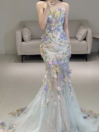 Prinzessin Meerjungfrauen-Abendkleid mit herzförmigem Ausschnitt, Spitze und Blumenmuster, langes Ballkleid, modische Ästhetik für Teenager, formelle Kleider, Party-Outfits, Ballkleid AB2221