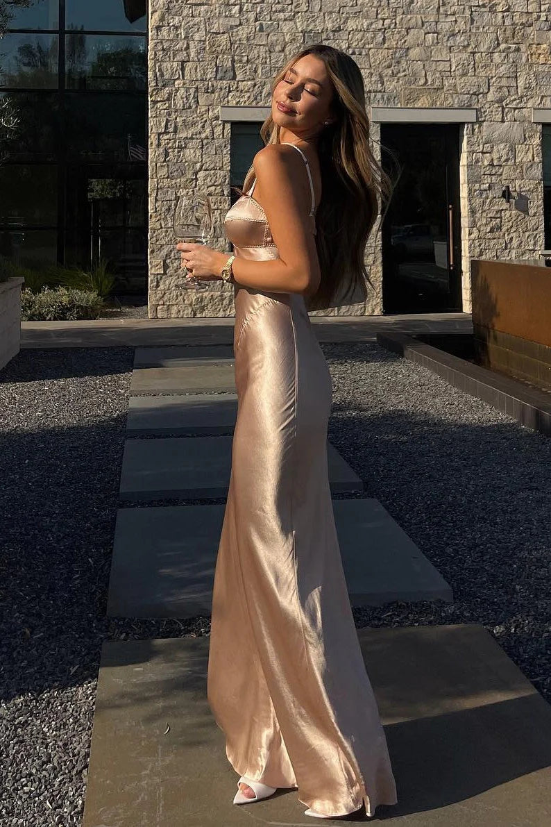 Elegant Champagne Gold Sweetheart Spaghetti Strap Backless Long Mermaid Prom Dress AB1918