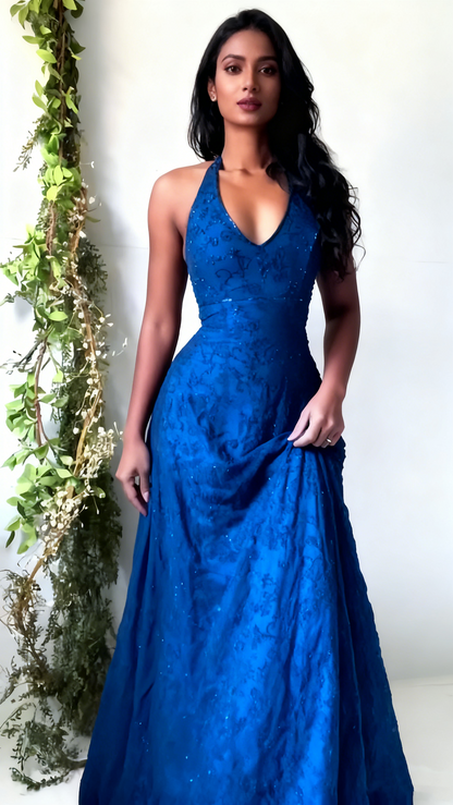 Vintage Meerjungfrauen-Abendkleid aus lila Spitze mit Neckholder, langes Abendkleid, Ballkleid AB326