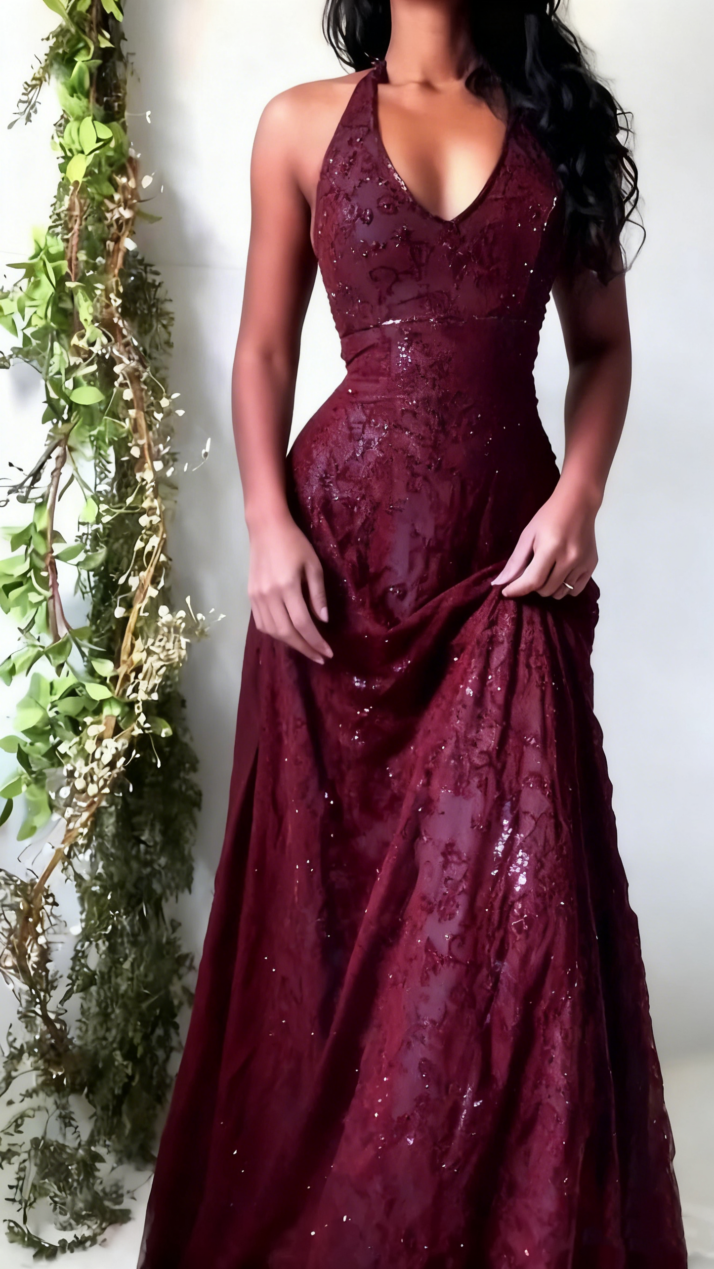 Vintage Meerjungfrauen-Abendkleid aus lila Spitze mit Neckholder, langes Abendkleid, Ballkleid AB326