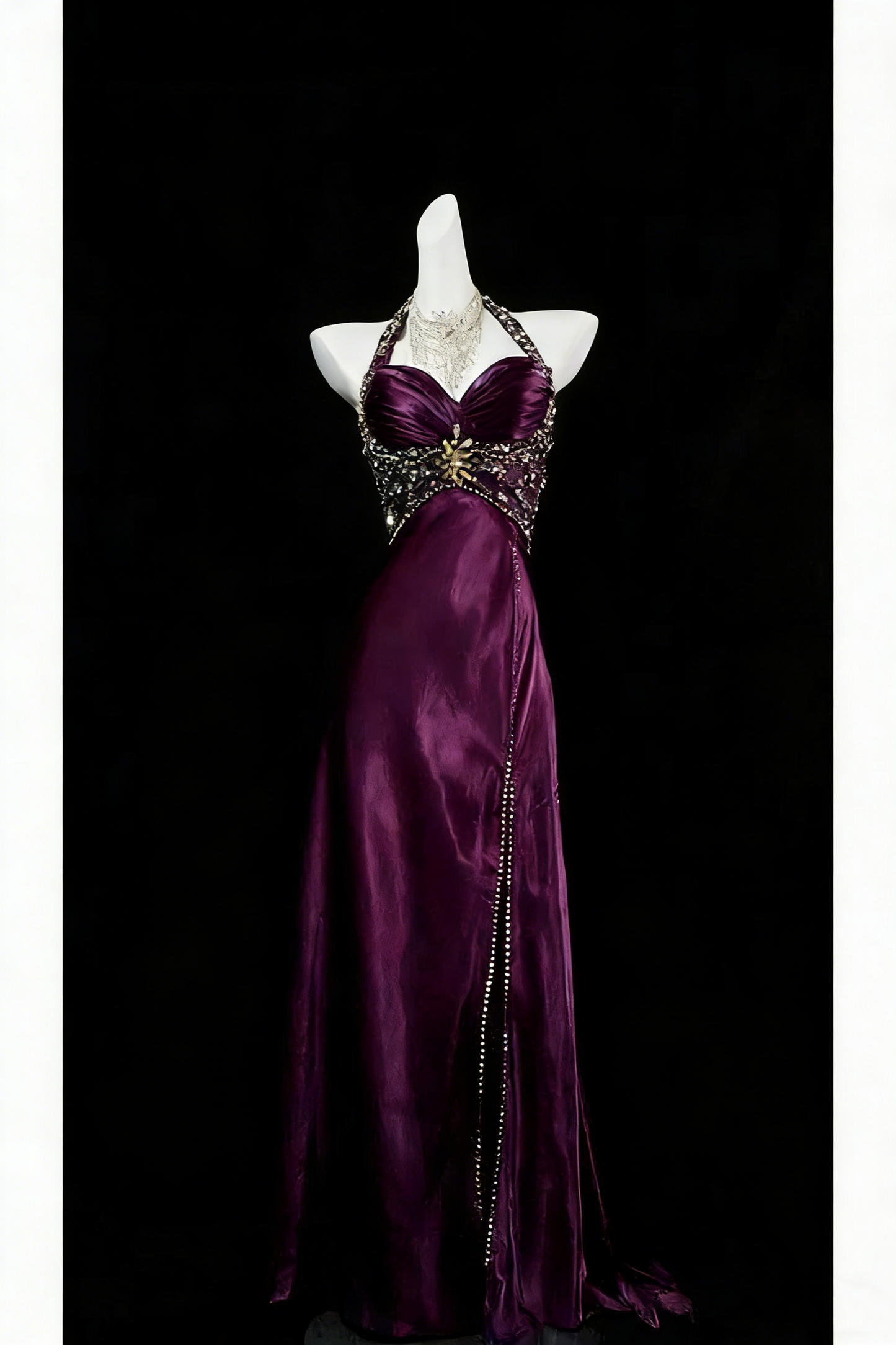 Robe de bal longue vintage années 1950, coupe trapèze, dos nu, en satin ornée de perles et de pierres précieuses, idéale pour une soirée, un 18e anniversaire ou une remise de diplôme (N925)