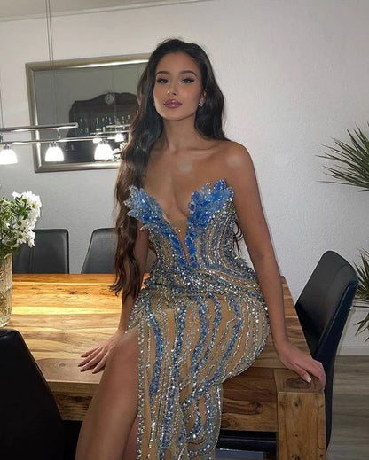 Gorgeous Mermaid Sweetheart Blue Slit Sequins Beaded Bodice Prom Dresses Long Formal Party Gown AB366