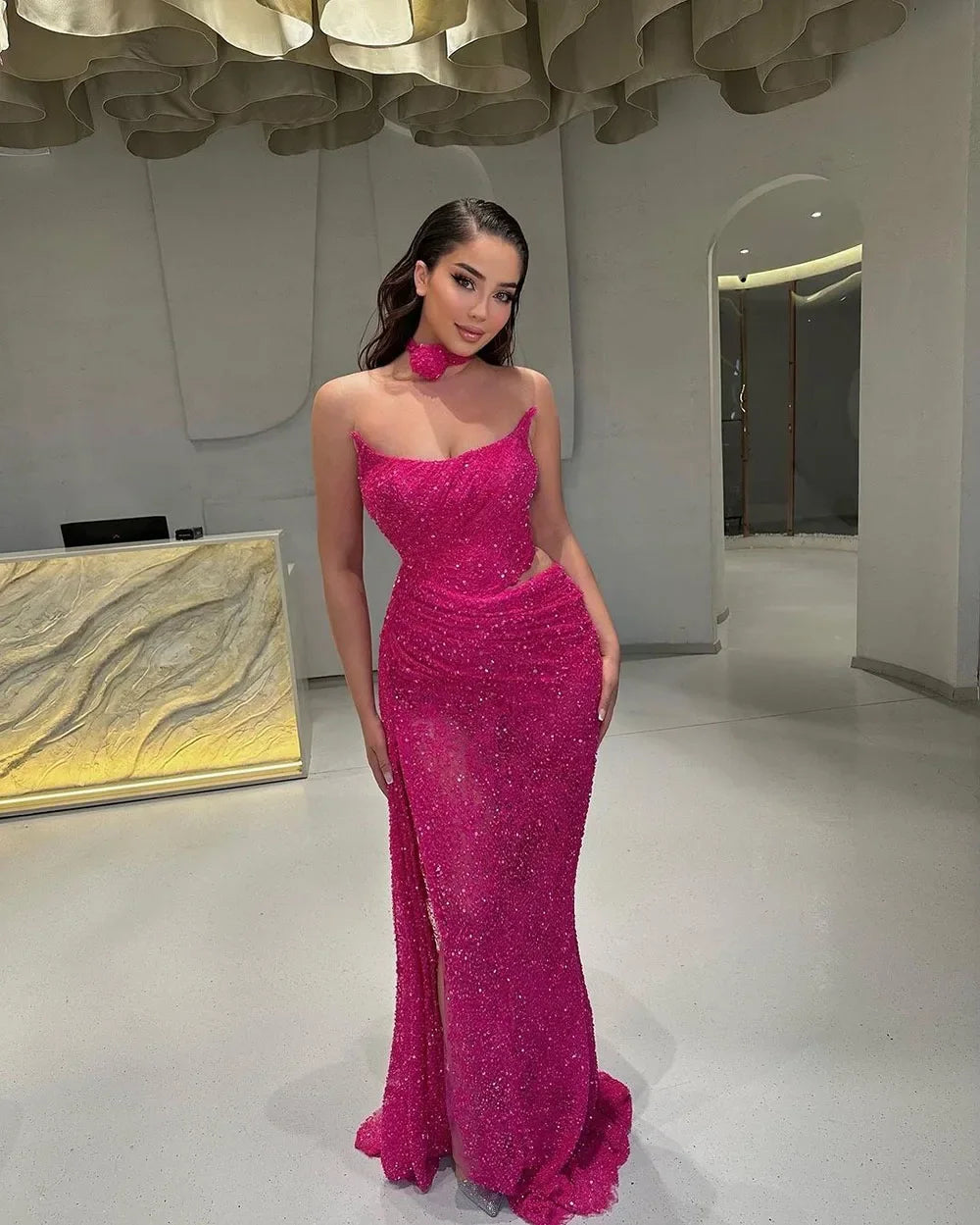 Mermaid Prom Dresses Strapless Sexy Special Slit Dress Sequins Hot Pink Party Gowns AB373