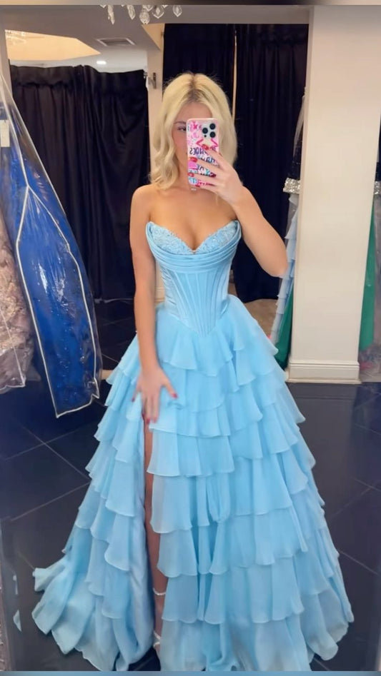 Attractive Ball Gown Basque Waist Corset Ruffle Blue Slit Prom Dresses AB377