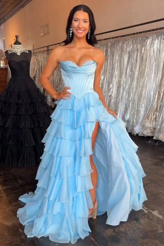 Attractive Ball Gown Basque Waist Corset Ruffle Blue Slit Prom Dresses AB377