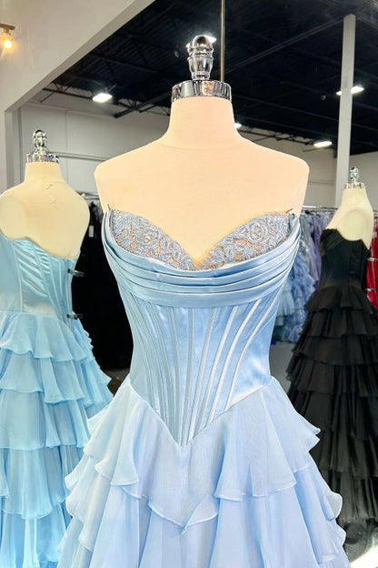 Attractive Ball Gown Basque Waist Corset Ruffle Blue Slit Prom Dresses AB377