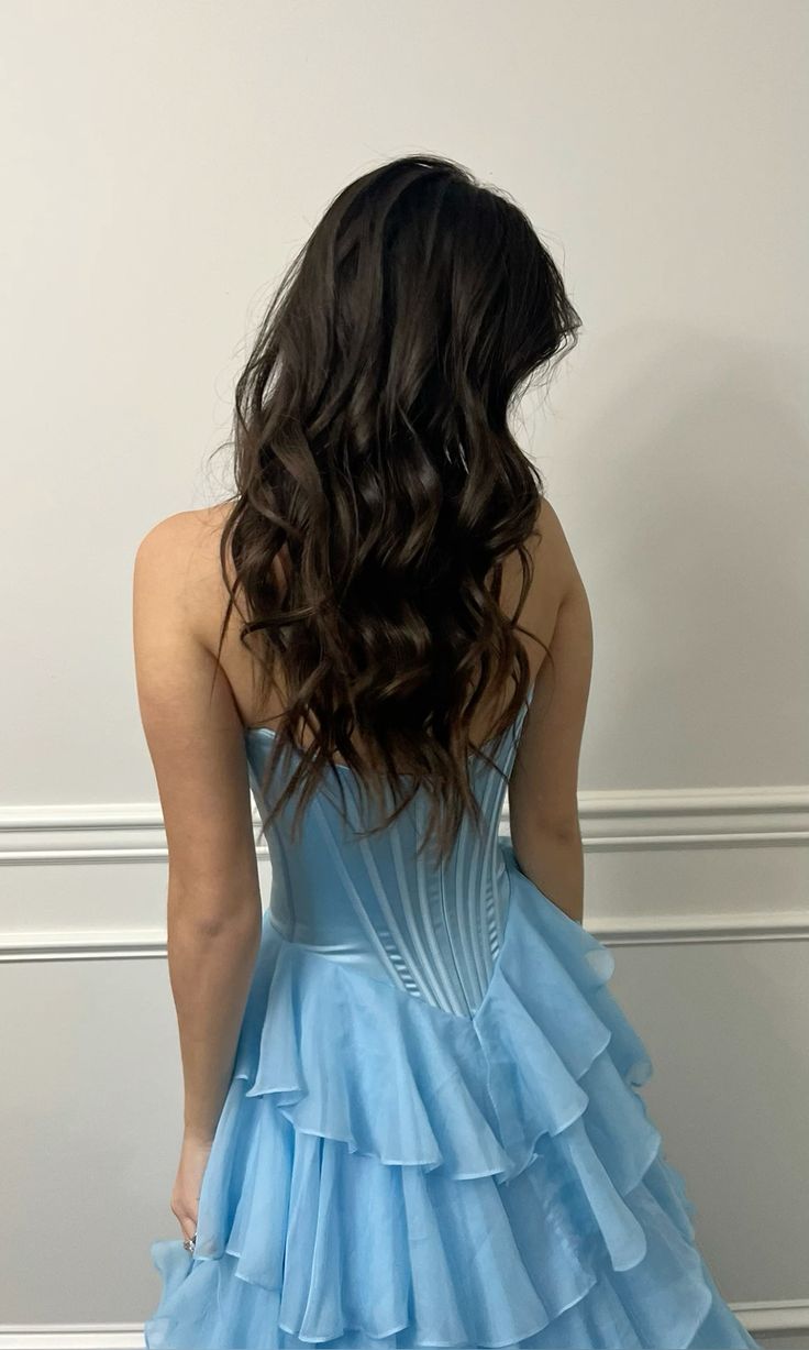 Attractive Ball Gown Basque Waist Corset Ruffle Blue Slit Prom Dresses AB377