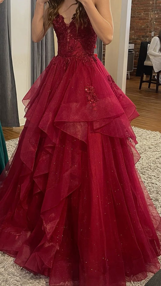 Elegantes Ballkleid mit Spaghettiträgern, burgunderrotes Tüll-Spitzenkleid, langes Abendkleid AB463