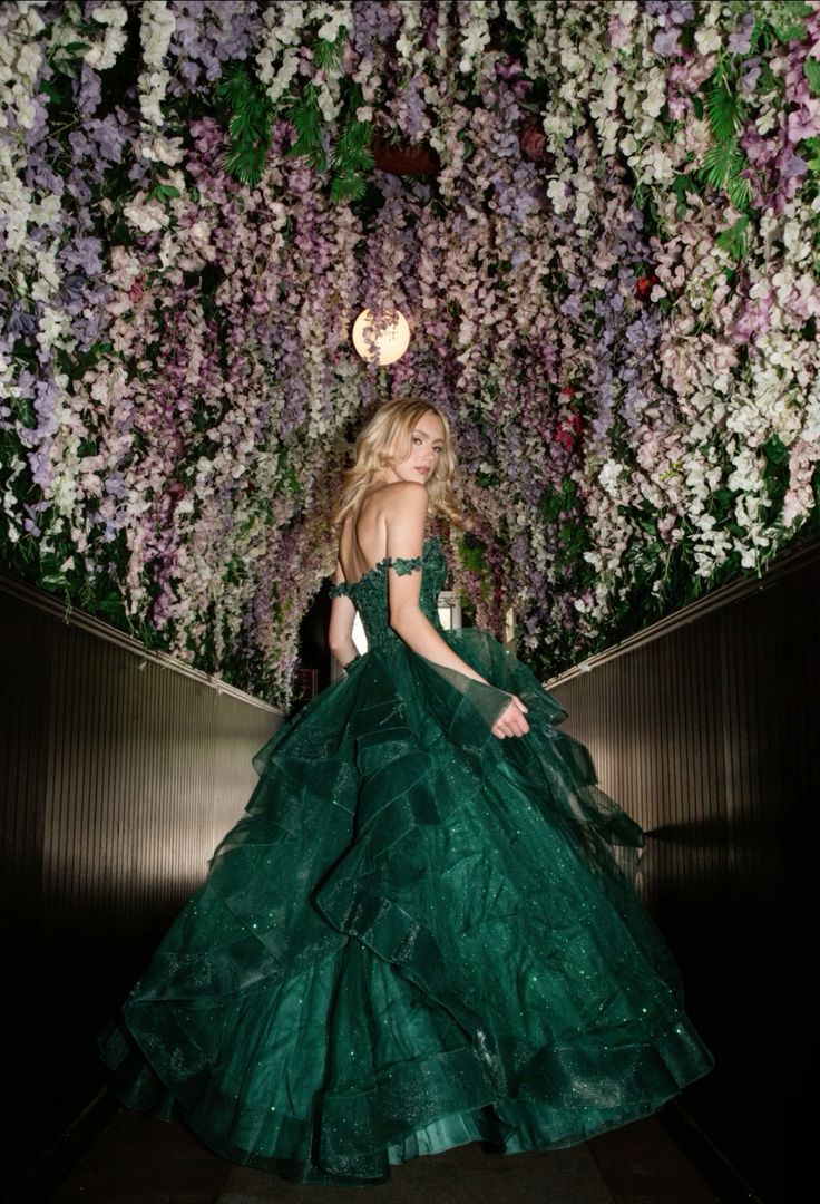 Elegantes, schulterfreies Ballkleid aus Tüll und Spitze mit Applikationen, dunkelgrün, langes Abendkleid AB469