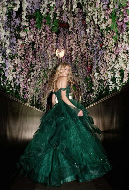 Elegantes, schulterfreies Ballkleid aus Tüll und Spitze mit Applikationen, dunkelgrün, langes Abendkleid AB469