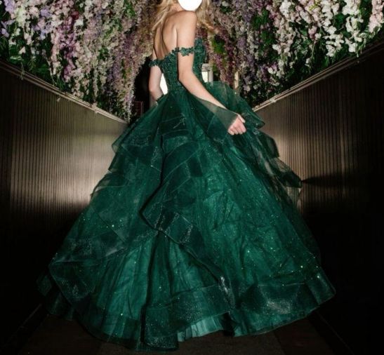Elegantes, schulterfreies Ballkleid aus Tüll und Spitze mit Applikationen, dunkelgrün, langes Abendkleid AB469