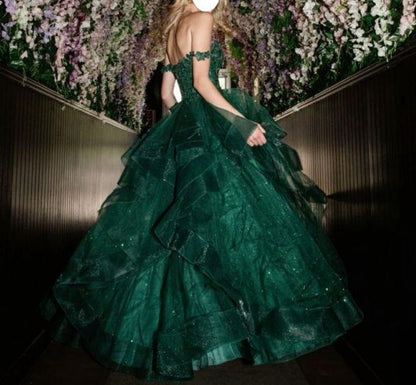 Elegantes, schulterfreies Ballkleid aus Tüll und Spitze mit Applikationen, dunkelgrün, langes Abendkleid AB469