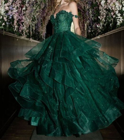 Elegantes, schulterfreies Ballkleid aus Tüll und Spitze mit Applikationen, dunkelgrün, langes Abendkleid AB469