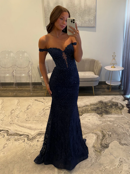 Ästhetisches marineblaues Meerjungfrauen-Abendkleid mit Spitzenapplikationen, lang, schulterfrei, Illusion-Schnitt, AB678