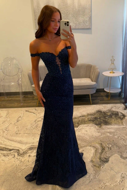 Ästhetisches marineblaues Meerjungfrauen-Abendkleid mit Spitzenapplikationen, lang, schulterfrei, Illusion-Schnitt, AB678