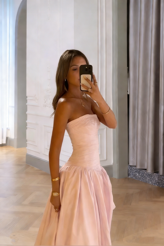 Elegantes, trägerloses, rosafarbenes A-Linien-Abendkleid mit Schlitz, festliches Abendkleid AB528