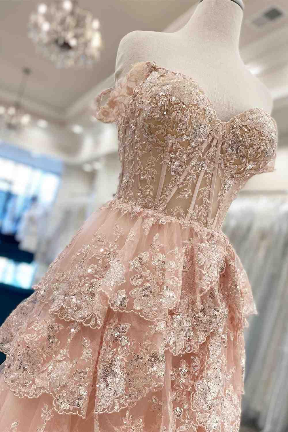 Robe de bal rose à bretelles en dentelle scintillante, coupe trapèze, inspiration robe de soirée longue à volants, Vestidos De Dia AB538