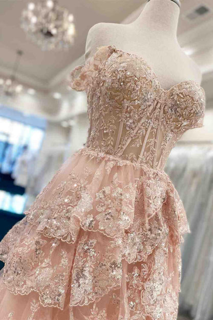 Robe de bal rose à bretelles en dentelle scintillante, coupe trapèze, inspiration robe de soirée longue à volants, Vestidos De Dia AB538