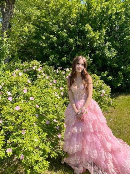 Robe de bal rose à bretelles en dentelle scintillante, coupe trapèze, inspiration robe de soirée longue à volants, Vestidos De Dia AB538