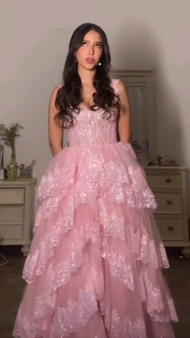 Robe de bal rose à bretelles en dentelle scintillante, coupe trapèze, inspiration robe de soirée longue à volants, Vestidos De Dia AB538