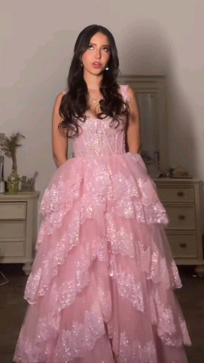 Robe de bal rose à bretelles en dentelle scintillante, coupe trapèze, inspiration robe de soirée longue à volants, Vestidos De Dia AB538