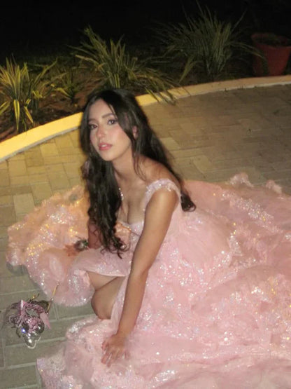 Robe de bal rose à bretelles en dentelle scintillante, coupe trapèze, inspiration robe de soirée longue à volants, Vestidos De Dia AB538