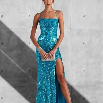 Elegantes, tiffanyblaues Paillettenkleid, formelles Meerjungfrauen-Abendkleid, langes Partykleid für Hochzeiten AB549