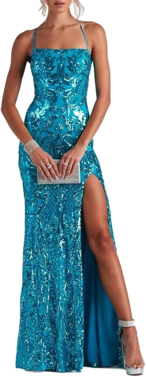 Elegantes, tiffanyblaues Paillettenkleid, formelles Meerjungfrauen-Abendkleid, langes Partykleid für Hochzeiten AB549