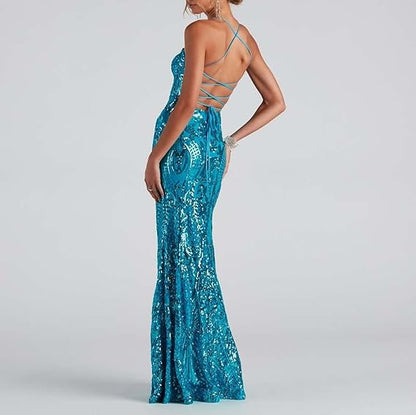 Elegantes, tiffanyblaues Paillettenkleid, formelles Meerjungfrauen-Abendkleid, langes Partykleid für Hochzeiten AB549