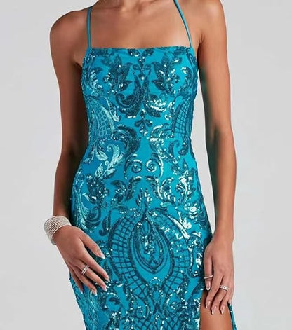 Elegantes, tiffanyblaues Paillettenkleid, formelles Meerjungfrauen-Abendkleid, langes Partykleid für Hochzeiten AB549