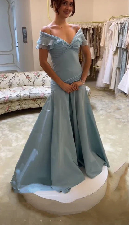 Robe de bal longue sirène élégante en mousseline bleue à épaules dénudées, modèle AB579