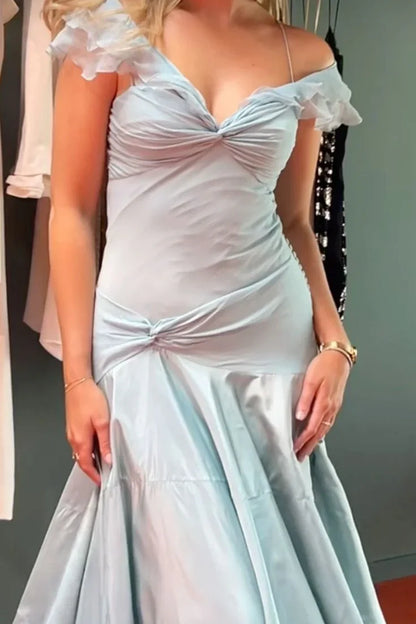 Robe de bal longue sirène élégante en mousseline bleue à épaules dénudées, modèle AB579