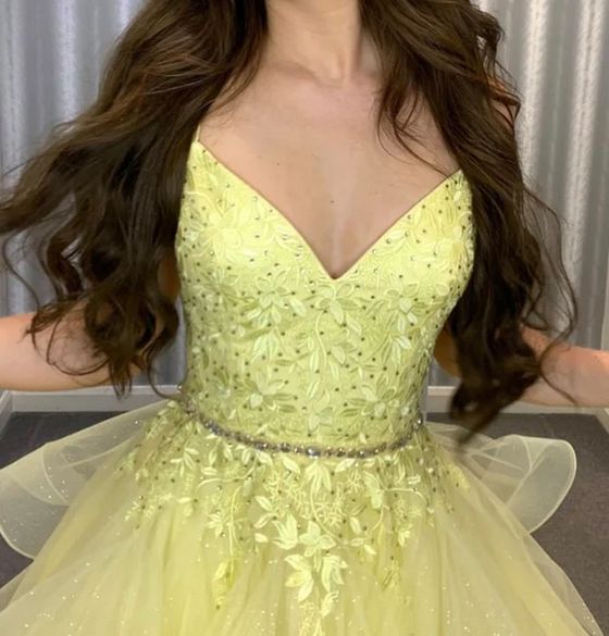 Robe de bal élégante à fines bretelles, en dentelle jaune et tulle long, modèle AB584