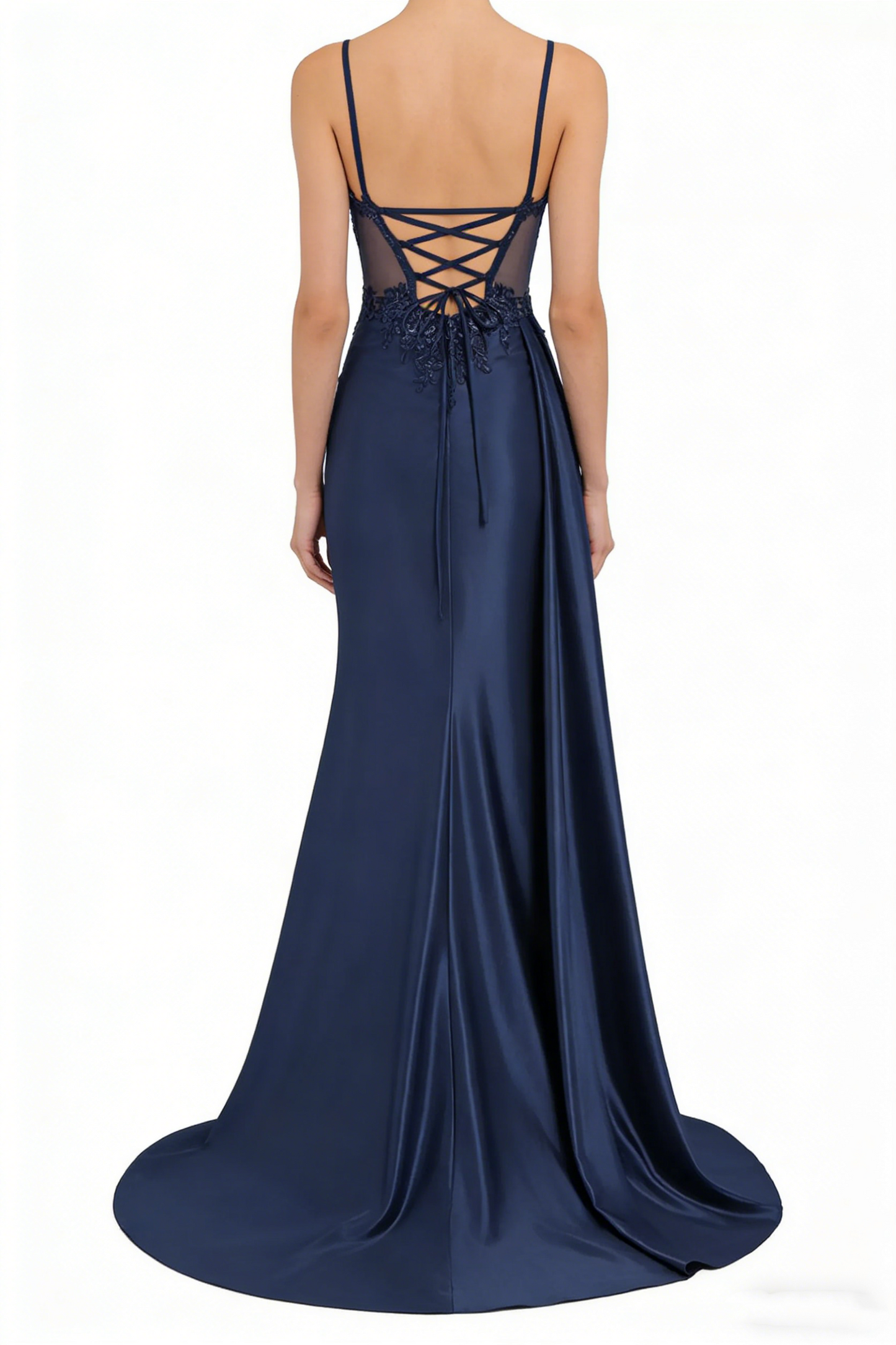 Spaghettiträger-Abendkleid aus Satin, langes Meerjungfrauen-Abendkleid aus Spitze, formelles Korsettkleid mit Schlitz AB683